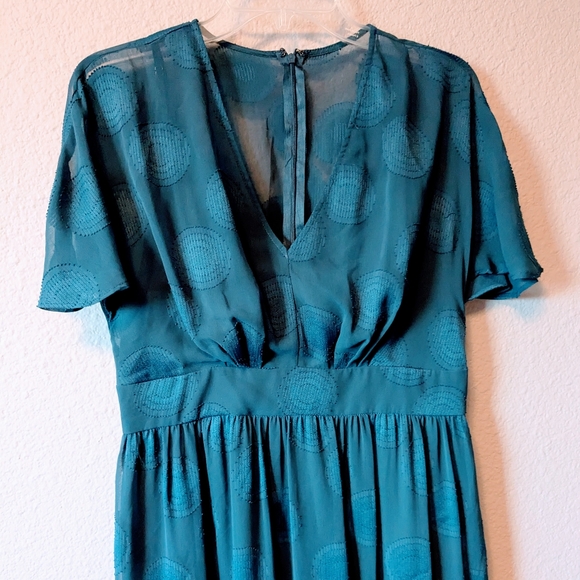 Maggy London Embroidered Teal Midi Dress with V-Neck and Flutter Sleeves Sz. 10P - Picture 4 of 11